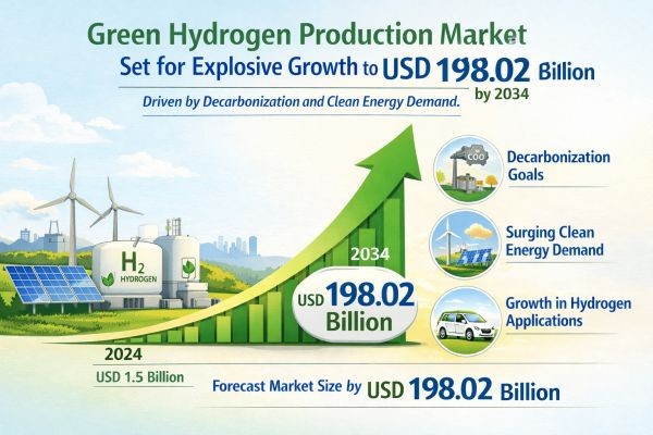 Green Hydrogen Production Market Set for Explosive Growth to USD 198.02 Billion by 2034 Driven by Decarbonization and Clean Energy Demand