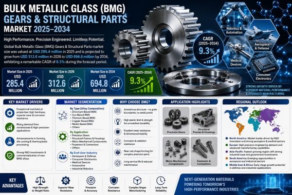 Global Bulk Metallic Glass (BMG) Gears & Structural Parts Market to Reach USD 694.8 Million by 2034, Driven by Precision Robotics, Aerospace Demand, a..