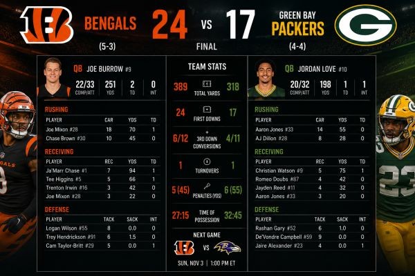 Match Analysis and Player Stats of the Bengals vs. the Green Bay Packers Match