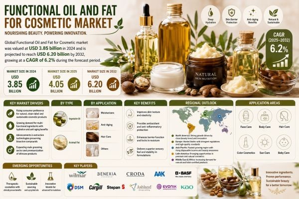 Global Functional Oil and Fat for Cosmetic Market to Reach USD 6.20 Billion by 2032, Driven by Clean Beauty Demand, Botanical Ingredient Innovation, a..