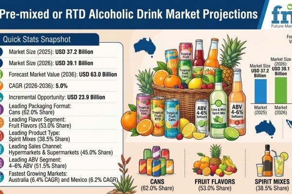 Pre-mixed or RTD Alcoholic Drink Market to Reach USD 63.0 Billion by 2036