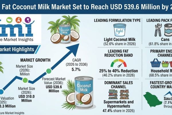 Low Fat Coconut Milk Market Set to Reach USD 539.6 Million by 2036