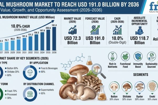 Global Mushroom Market to Reach USD 191.0 Billion by 2036 Driven by Plant-Based Nutrition, Controlled Environment Agriculture, and Fresh Product Deman..