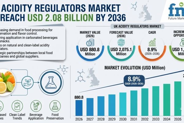 UK Acidity Regulators Market to Reach USD 2.08 Billion by 2036 Driven by High-Throughput Beverage Manufacturing, Acetic Acid, and Food Preservation St..