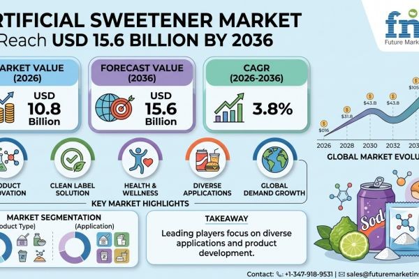 Artificial Sweetener Market to Reach USD 15.6 Billion by 2036 Driven by Calorie-Reduction Reformulation, Aspartame Demand, and Food & Beverage Integra..