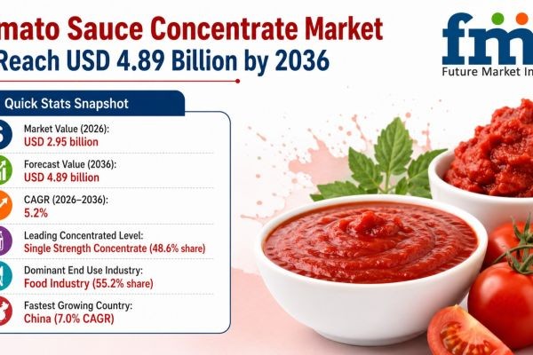 Tomato Sauce Concentrate Market to Reach USD 4.89 Billion by 2036, China - CAGR 7.0%, India - CAGR 6.5%, Germany - CAGR 6.0%